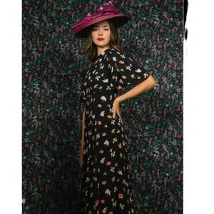 byTiMo Black Floral Maxi Short Sleeve Dress XS Feminine Vintage Style